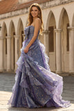 Dusty Blue Strapless A-Line Floral Ruffled Long Prom Dress with Lace Up Back