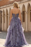 Dusty Blue Strapless A-Line Floral Ruffled Long Prom Dress with Lace Up Back
