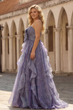 Dusty Blue Strapless A-Line Floral Ruffled Long Prom Dress with Lace Up Back