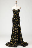 Black and Golden Mermaid Sequin Strapless Corset Velvet Long Prom Dress with Slit