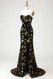 Black and Golden Mermaid Sequin Strapless Corset Velvet Long Prom Dress with Slit