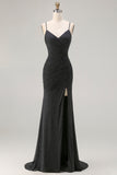 Sparkly Black Mermaid Spaghetti Straps Long Prom Dress with Slit