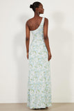 Blue White Flower One Shoulder Print Sheath Long Bridesmaid Dress with Slit