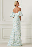 Blue White Flower Mermaid Strapless Satin Convertible Dress with Removable Sleeves