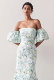 Blue White Flower Mermaid Strapless Satin Convertible Dress with Removable Sleeves