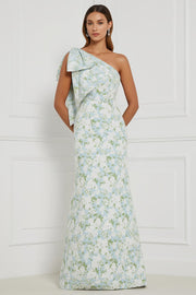 Blue White Flower Mermaid One Shoulder Print Long Bridesmaid Dress with Bow