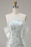 Blue White Flower Strapless Sheath Satin Long Bridesmaid Dress with Back Bow