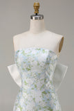 Blue White Flower Strapless Sheath Satin Long Bridesmaid Dress with Back Bow