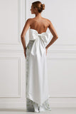 Blue White Flower Strapless Sheath Satin Long Bridesmaid Dress with Back Bow