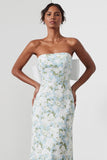 Sheath Strapless Blue White Flower Satin Long Bridesmaid Dress with Back Bow