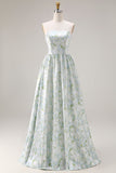 Blue White Floral Strapless Print A-Line Long Satin Dress with Pockets