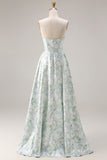 Blue White Floral Strapless Print A-Line Long Satin Dress with Pockets