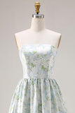 Blue White Floral Strapless Print A-Line Long Satin Dress with Pockets