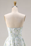 Blue White Floral Strapless Print A-Line Long Satin Dress with Pockets