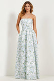 Blue White Floral Strapless Print A-Line Long Satin Dress with Pockets