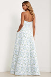 Blue White Floral Strapless Print A-Line Long Satin Dress with Pockets