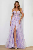 Lilac A Line Off The Shoulder Embroidered Long Prom Dress with Slit