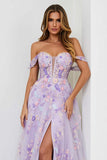 Lilac A Line Off The Shoulder Embroidered Long Prom Dress with Slit