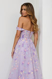 Lilac A Line Off The Shoulder Embroidered Long Prom Dress with Slit