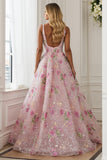 Pink Flower A Line V Neck Open Back Long Prom Dress with Beading