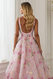 Pink Flower A Line V Neck Open Back Long Prom Dress with Beading