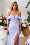 Blue Printed Off The Shoulder Mermaid Prom Dress With Slit