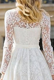 Ivory Lace A Line Round Neck Tea Length Engagement Dress with Bows