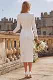 Ivory Bodycon Ruched V Neck Midi Engagement Dress with Slit