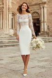 Ivory Bodycon Bateau Neck Midi Engagement Dress with Lace