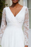 Ivory Chiffon V Neck A Line Pleated Midi Engagement Dress with Lace