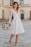 Ivory Lace V Neck A Line Midi Engagement Dress with Bow