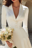 Ivory Satin Peaked Lapel A Line Midi Engagement Dress