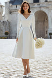 Ivory Beaded V Neck A Line Midi Engagement Dress