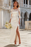 Ivory Satin Mermaid 3/4 Sleeve Engagement Dress with Slit