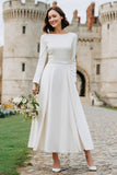 Ivory A Line Bateau Neck Long Engagement Dress with Long Sleeves