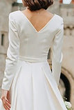 Ivory A Line Bateau Neck Long Engagement Dress with Long Sleeves