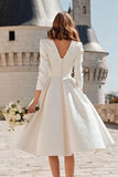Ivory A Line V-Neck Midi Engagement Dress with 3/4 Sleeves
