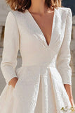 Ivory A Line V-Neck Midi Engagement Dress with 3/4 Sleeves