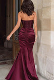 Burgundy Sequins Mermaid Sweetheart Corset Ruched Long Prom Dress With Slit