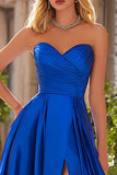 Royal Blue A-Line Pleated Sweetheart Satin Long Prom Dress with Slit