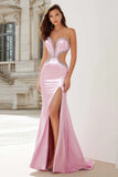 Pink Sweetheart Mermaid Beaded Cut Out Long Prom Dress with Slit