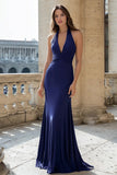Navy Halter Mermaid Ruched Satin Long Prom Dress