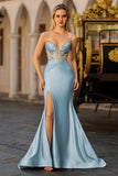 Dusty Blue Mermaid Beaded Corset Sequin Long Prom Dress with Slit