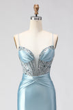 Dusty Blue Mermaid Beaded Corset Sequin Long Prom Dress with Slit