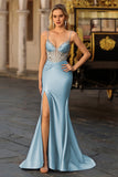 Dusty Blue Mermaid Beaded Corset Sequins Long Prom Dress with Slit
