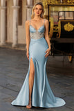Dusty Blue Mermaid Beaded Corset Sequins Long Prom Dress with Slit