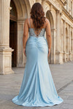 Dusty Blue Mermaid Beaded Corset Sequin Long Prom Dress with Slit