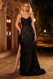 Sparkly Black Sequin Mermaid Corset Beaded Long Prom Dress with Ruffle Slit