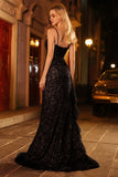 Sparkly Black Mermaid Beaded Corset Sequin Ruffle Long Prom Dress with Slit