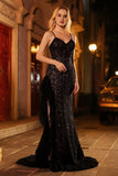 Sparkly Black Sequin Mermaid Corset Beaded Long Prom Dress with Ruffle Slit